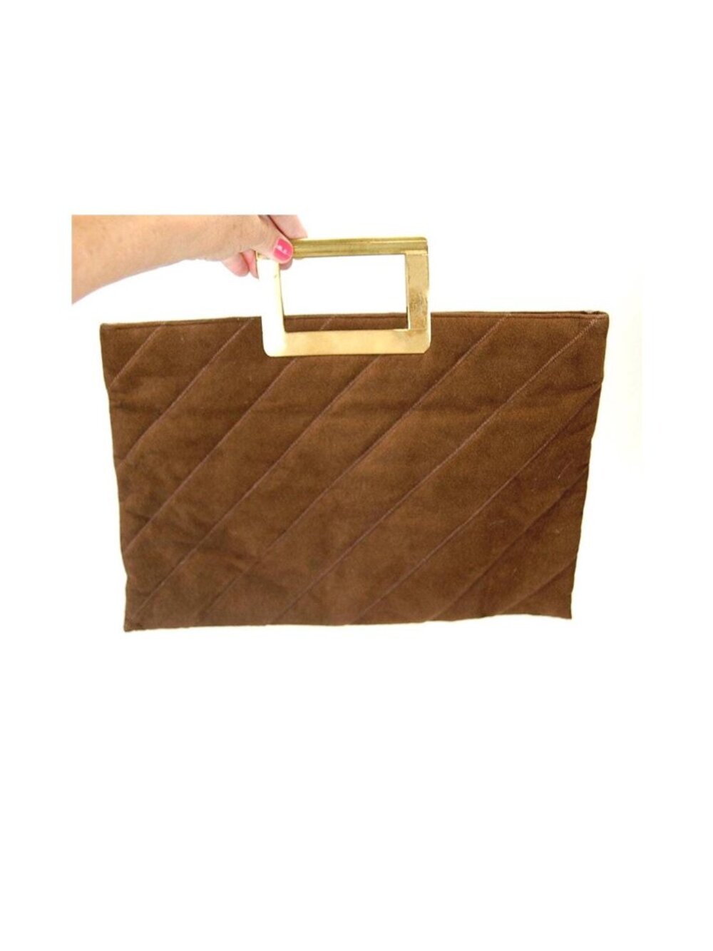 1980s brown quilted velour purse or computer bag with brass handle by Trotting
